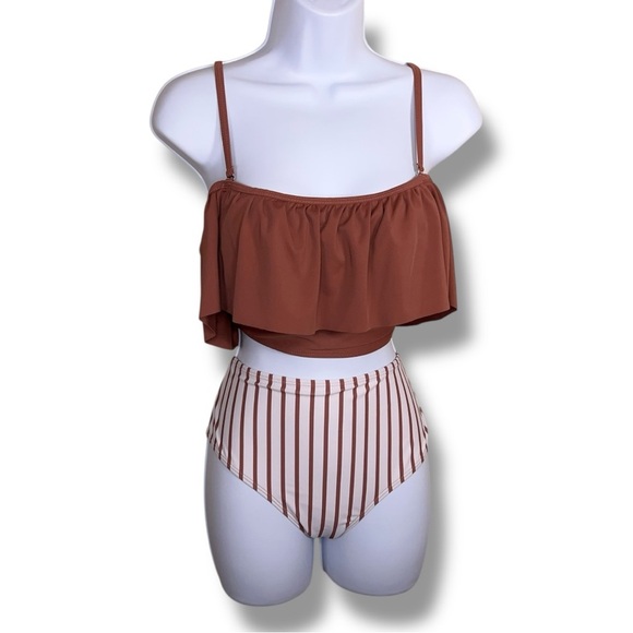 Large Tan Brown White Two Piece Swimsuit Womens Ruffle Top High Waist Striped - Picture 1 of 14